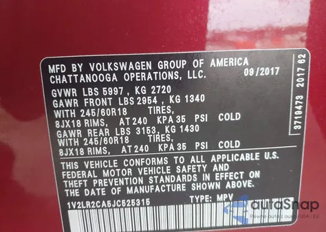 2018 Volkswagen Atlas 3.6L V6 Se/3.6L V6 Se W/Technology из США, поврежденный, VIN 1V2LR2CA5JC525315